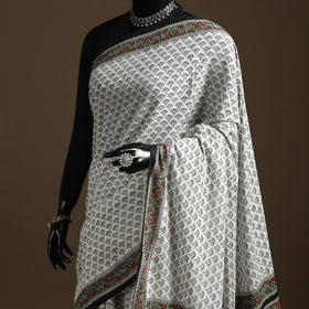 White - printed mul cotton sanganeri saree - handcrafted