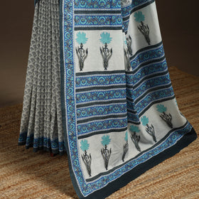 White - printed mul cotton sanganeri saree - handcrafted