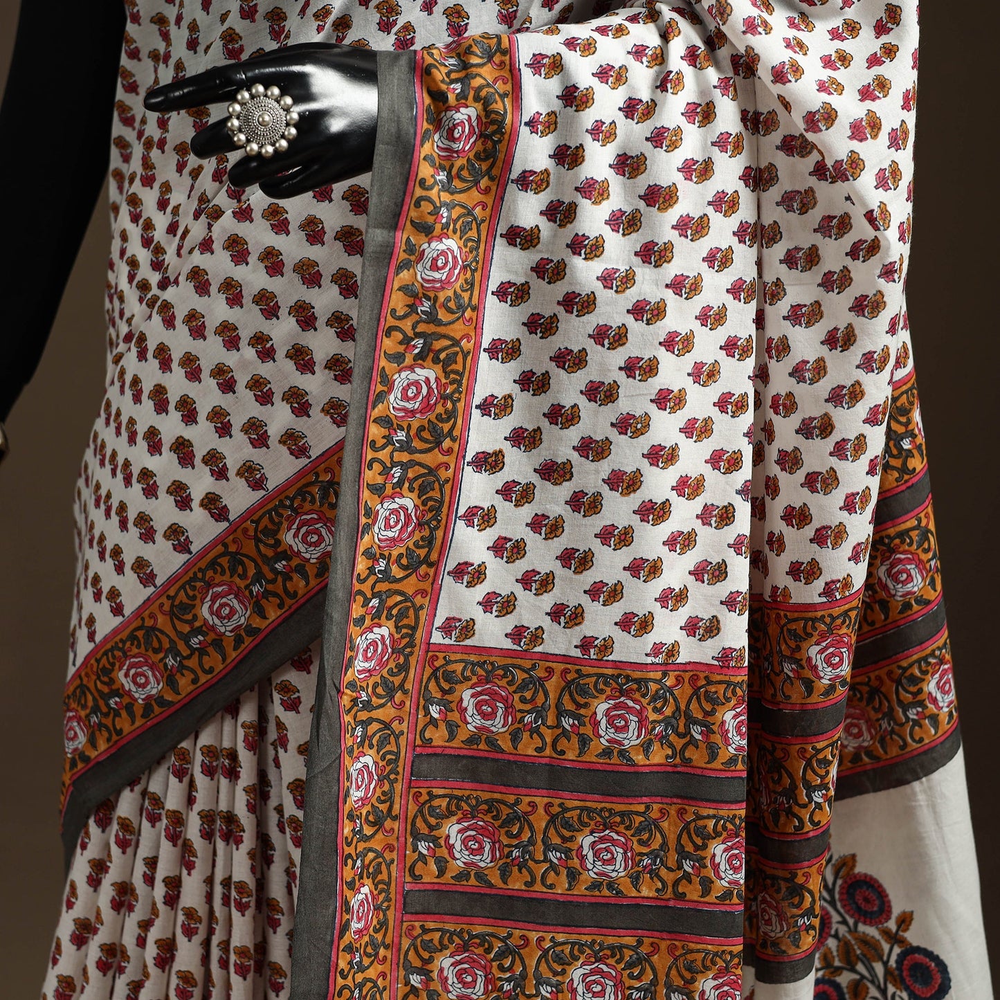 White - printed mul cotton sanganeri saree - handcrafted