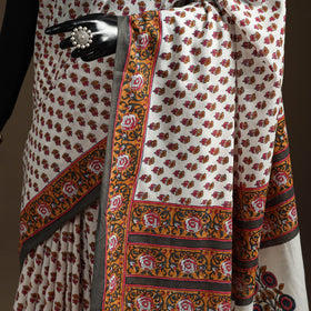 White - printed mul cotton sanganeri saree - handcrafted