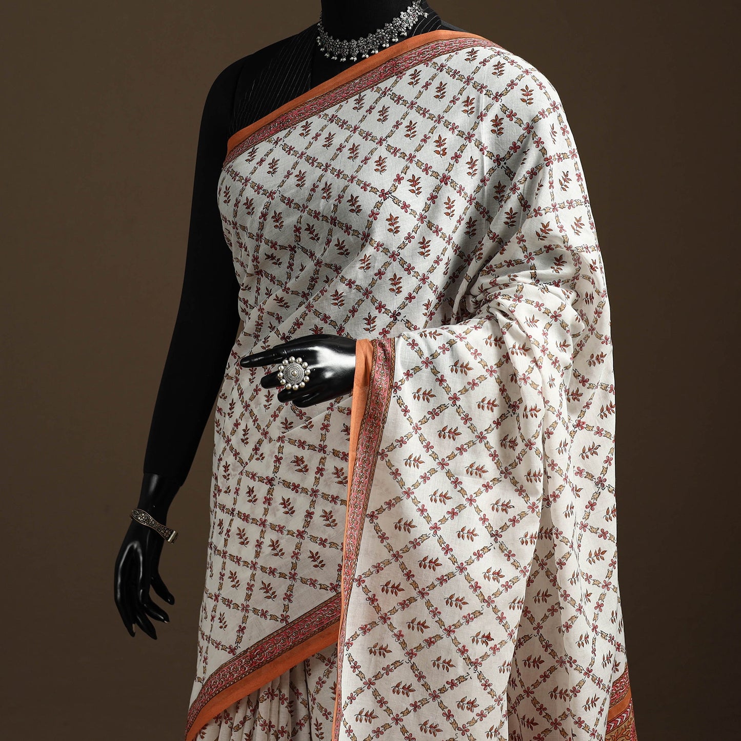 White - printed mul cotton sanganeri saree - handcrafted