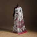 White - printed mul cotton sanganeri saree - handcrafted