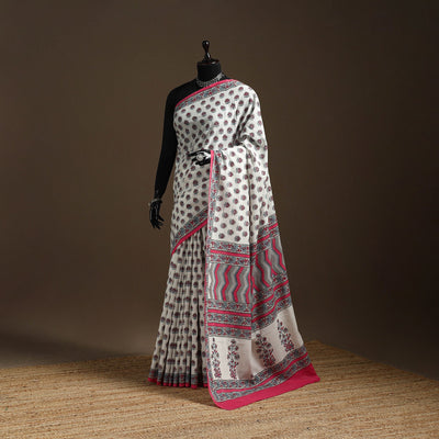 White - printed mul cotton sanganeri saree - handcrafted