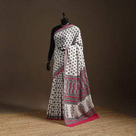 White - printed mul cotton sanganeri saree - handcrafted