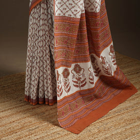 White - printed mul cotton sanganeri saree - handcrafted