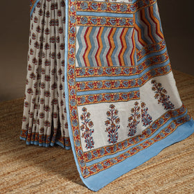 White - printed mul cotton sanganeri saree - handcrafted