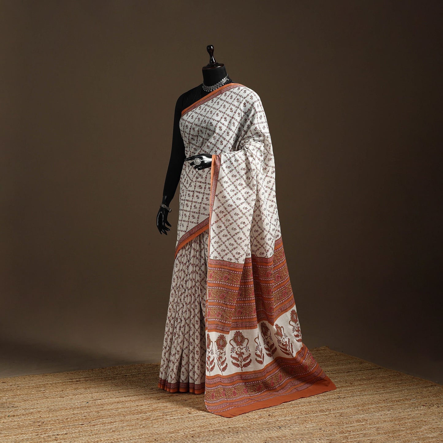 White - printed mul cotton sanganeri saree - handcrafted