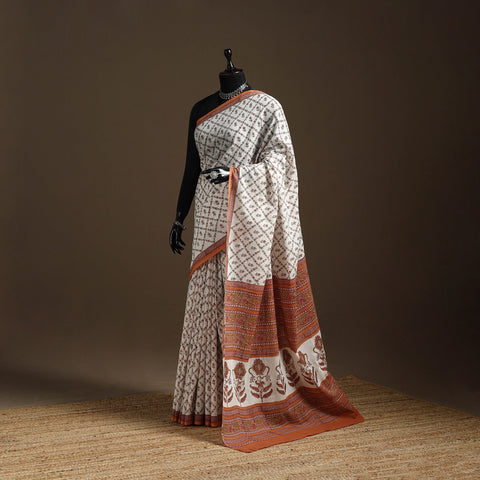 White - printed mul cotton sanganeri saree - handcrafted