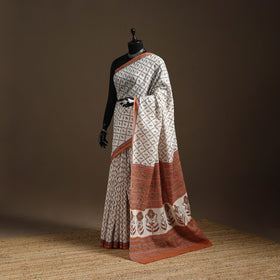 White - printed mul cotton sanganeri saree - handcrafted