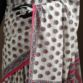 White - printed mul cotton sanganeri saree - handcrafted