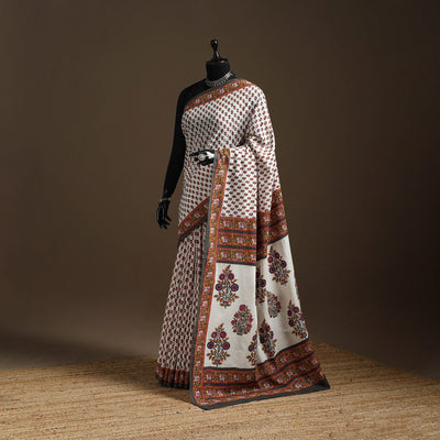 White - printed mul cotton sanganeri saree - handcrafted