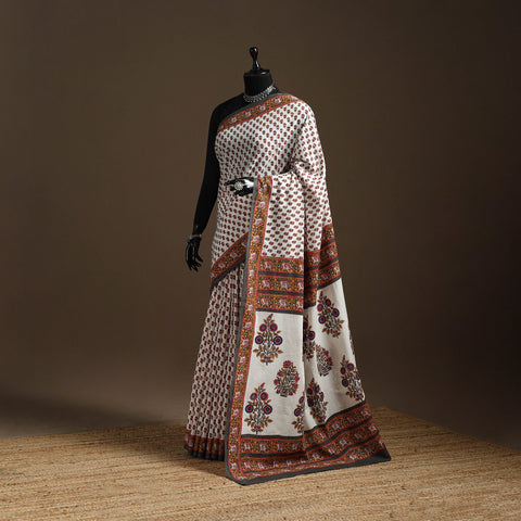 White - printed mul cotton sanganeri saree - handcrafted