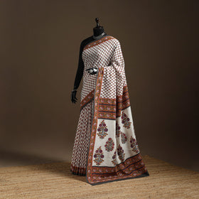 White - printed mul cotton sanganeri saree - handcrafted