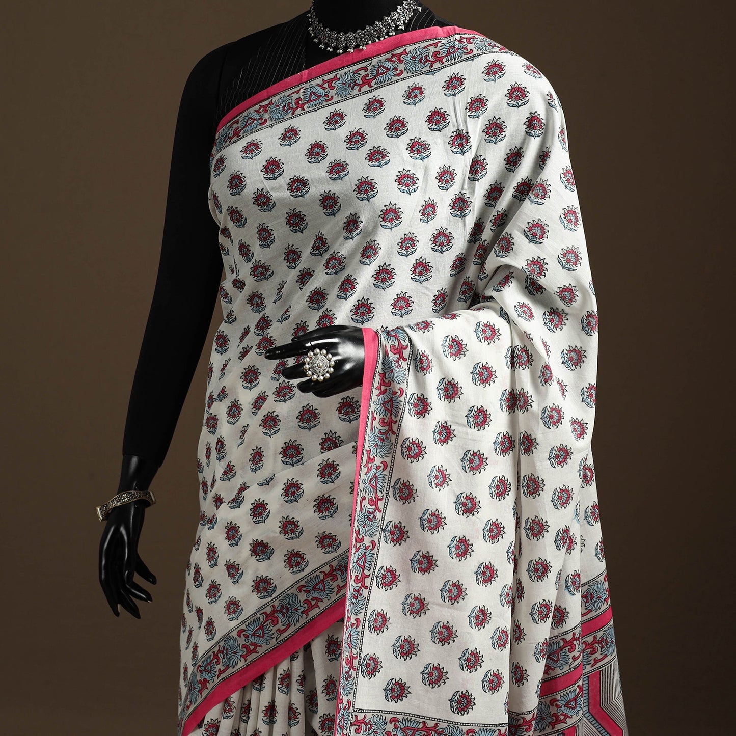 White - printed mul cotton sanganeri saree - handcrafted
