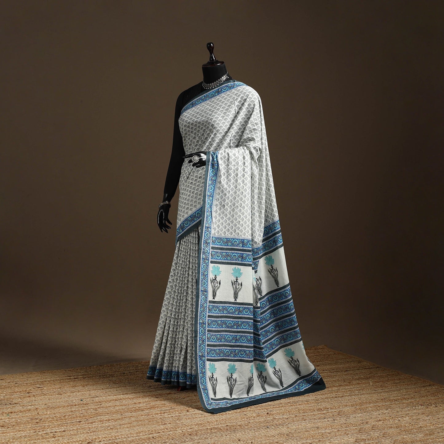 White - printed mul cotton sanganeri saree - handcrafted