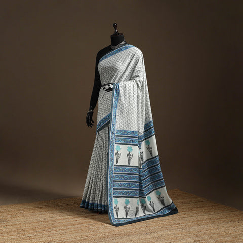 White - printed mul cotton sanganeri saree - handcrafted