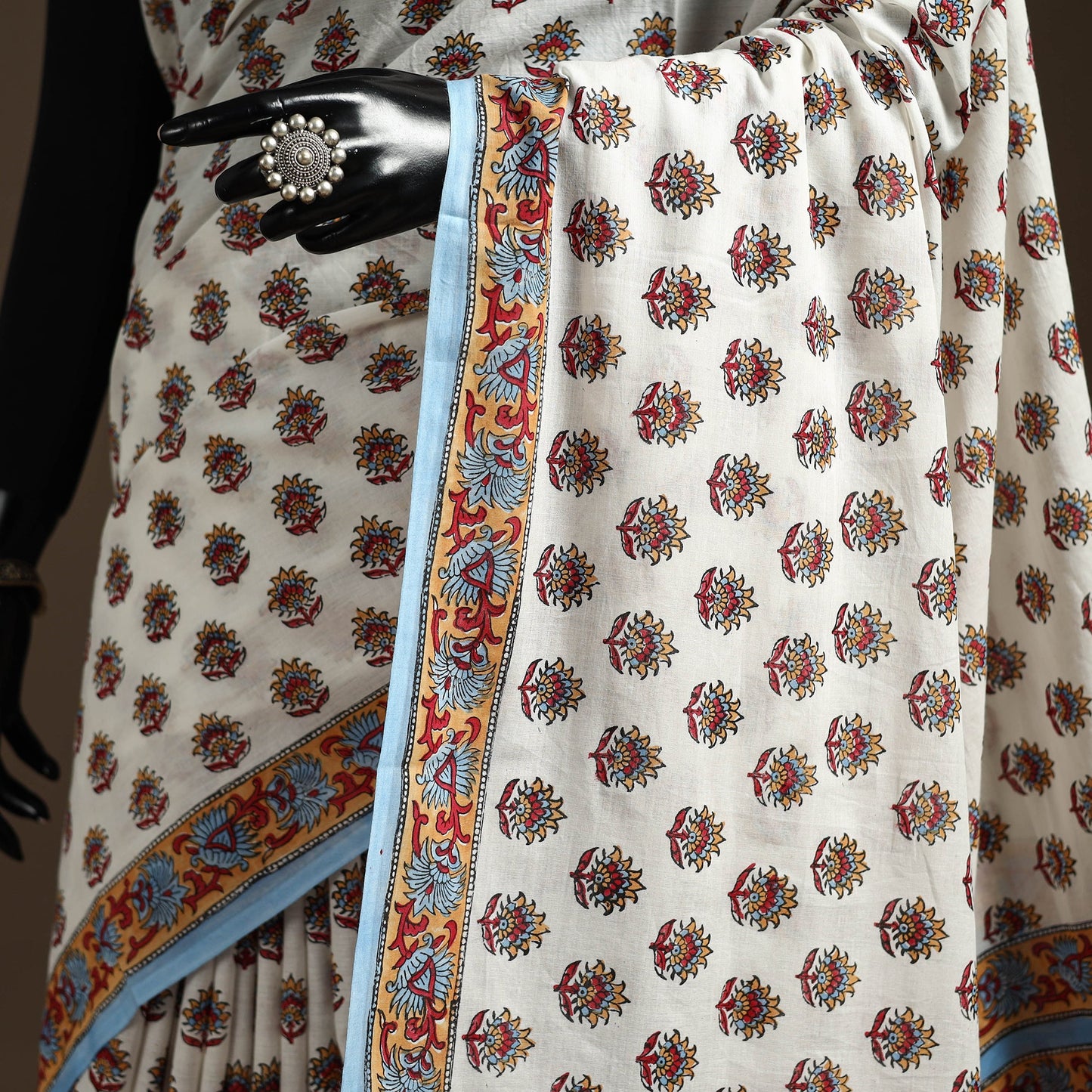 White - printed mul cotton sanganeri saree - handcrafted