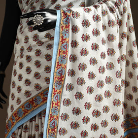 White - printed mul cotton sanganeri saree - handcrafted