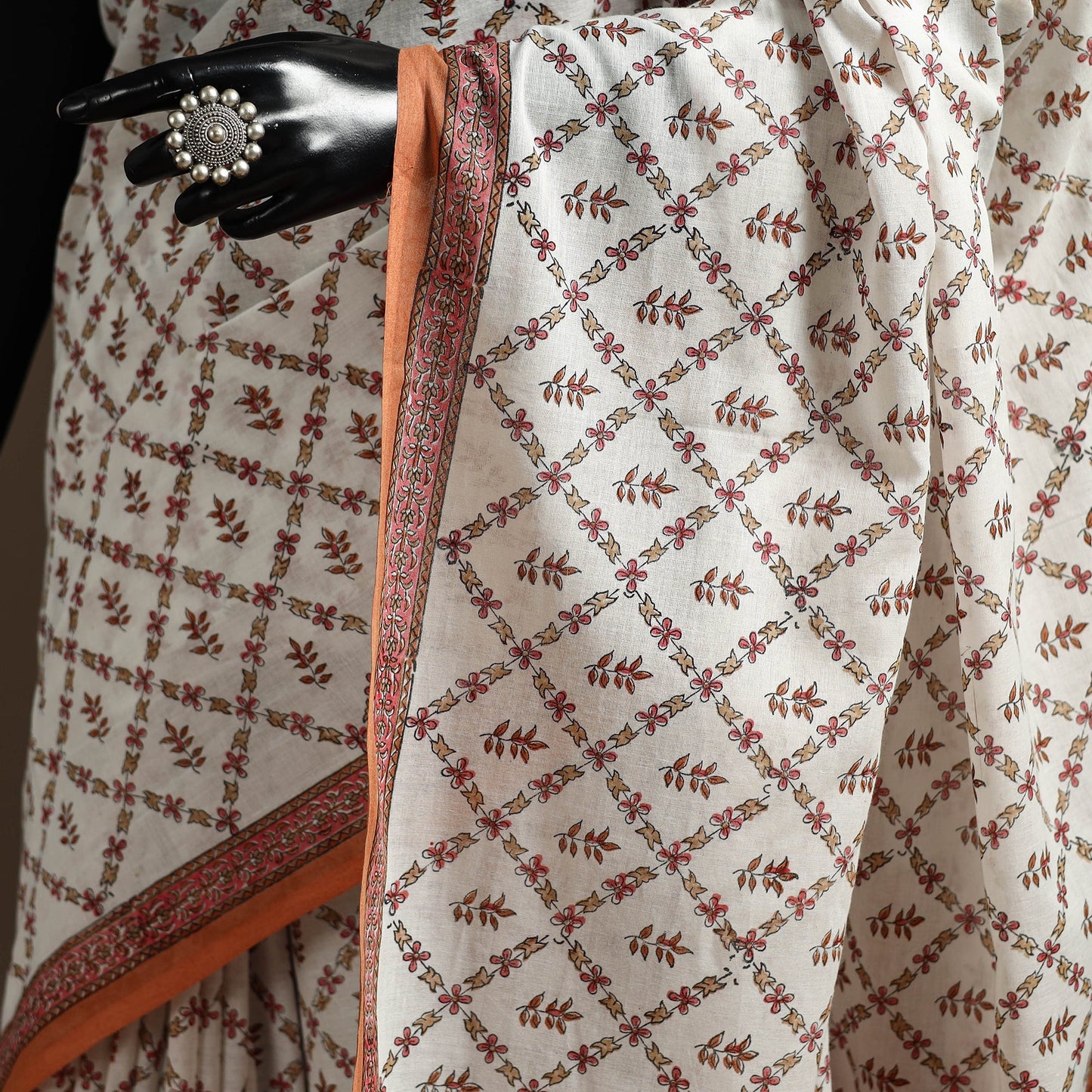 White - printed mul cotton sanganeri saree - handcrafted