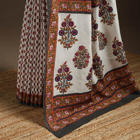 White - printed mul cotton sanganeri saree - handcrafted