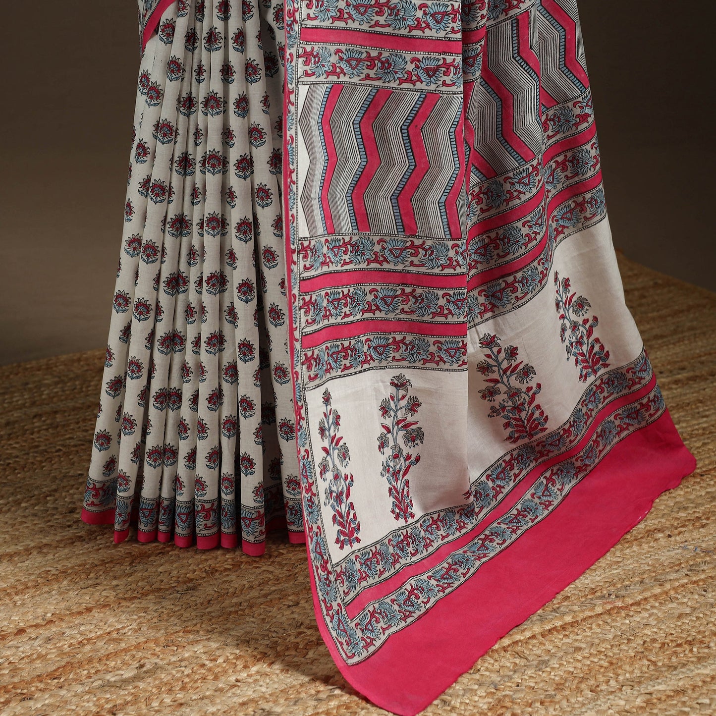 White - printed mul cotton sanganeri saree - handcrafted