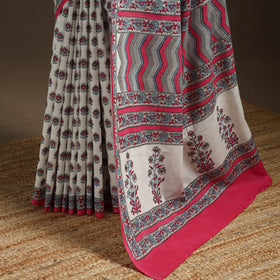 White - printed mul cotton sanganeri saree - handcrafted