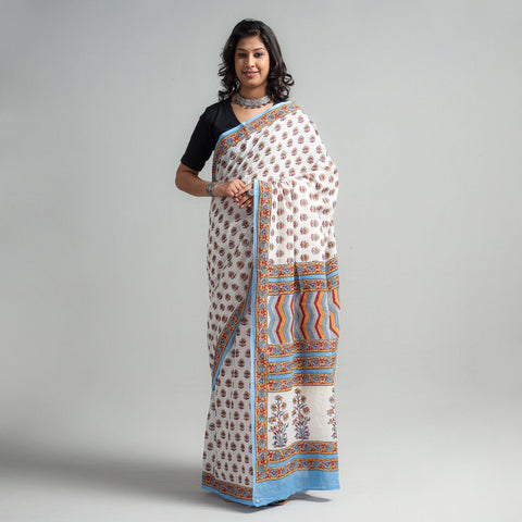 Buy Block Printed Mul Cotton Sanganeri Saree