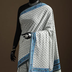 White - printed mul cotton sanganeri saree - handcrafted