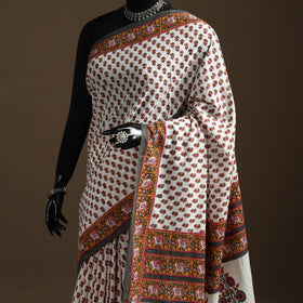 White - printed mul cotton sanganeri saree - handcrafted