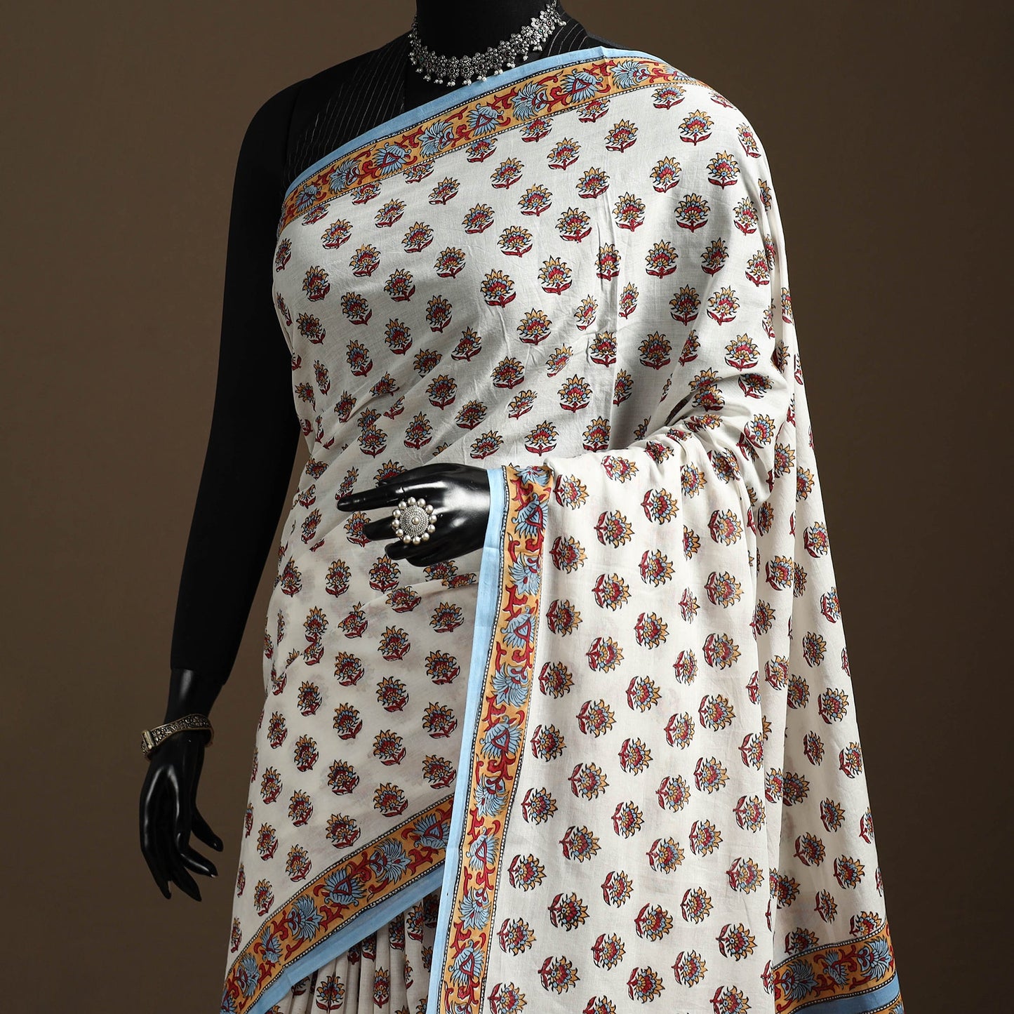 White - printed mul cotton sanganeri saree - handcrafted
