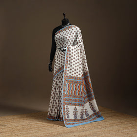 White - printed mul cotton sanganeri saree - handcrafted