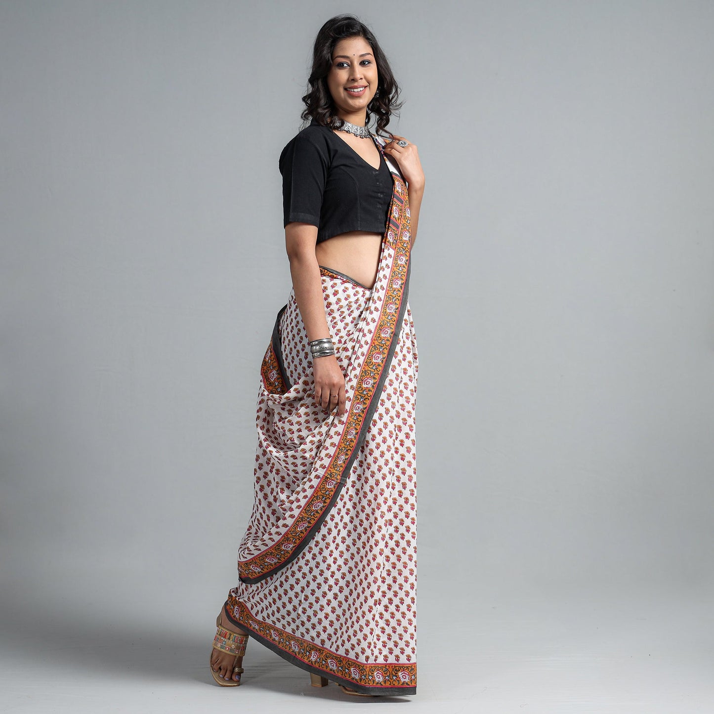 Brown - Block Printed Mul Cotton Sanganeri Saree
