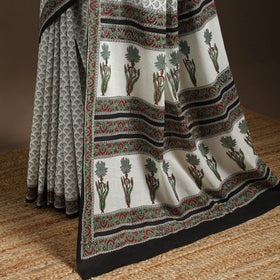 White - printed mul cotton sanganeri saree - handcrafted