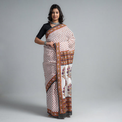 Brown - Block Printed Mul Cotton Sanganeri Saree