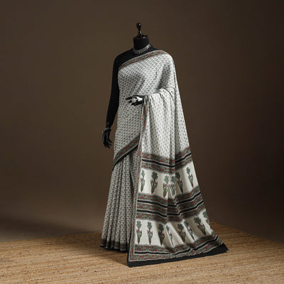 White - printed mul cotton sanganeri saree - handcrafted