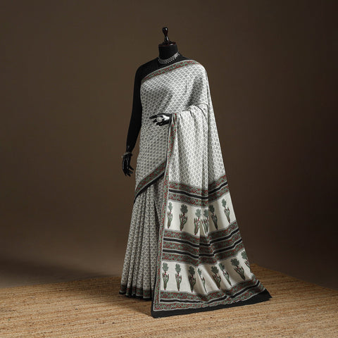 White - printed mul cotton sanganeri saree - handcrafted