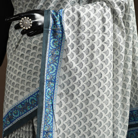 White - printed mul cotton sanganeri saree - handcrafted