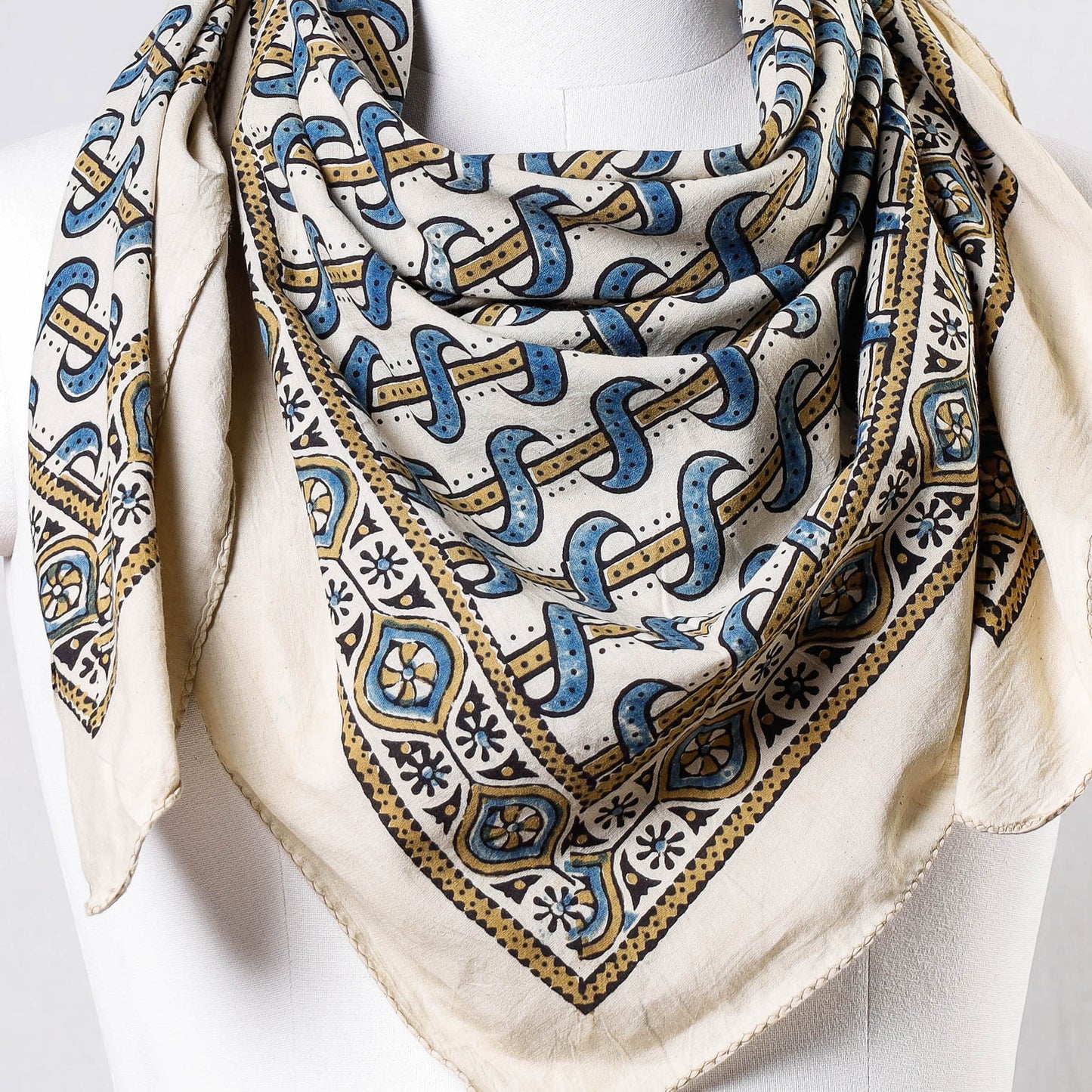 White Ajrakh Block Printing Cotton Scarf from Kutch 
