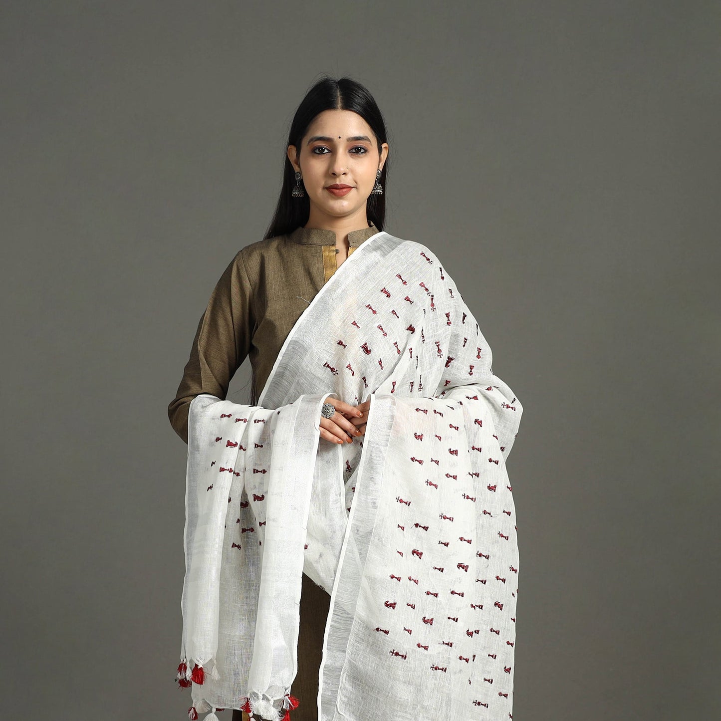 White - Pure Linen Hand Embroidery Dupatta with Tassels 26