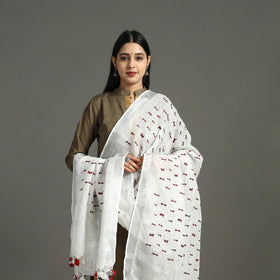 White - Pure Linen Hand Embroidery Dupatta with Tassels 26