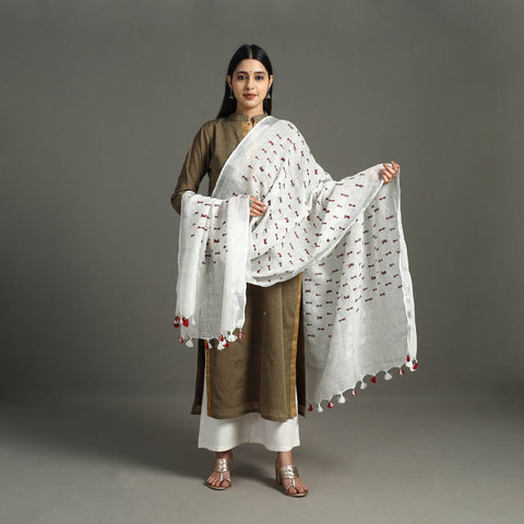 White - Pure Linen Hand Embroidery Dupatta with Tassels 26