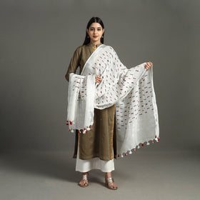 White - Pure Linen Hand Embroidery Dupatta with Tassels 26