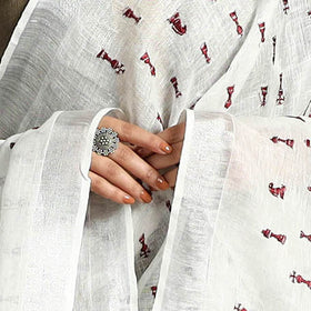 White - Pure Linen Hand Embroidery Dupatta with Tassels 26