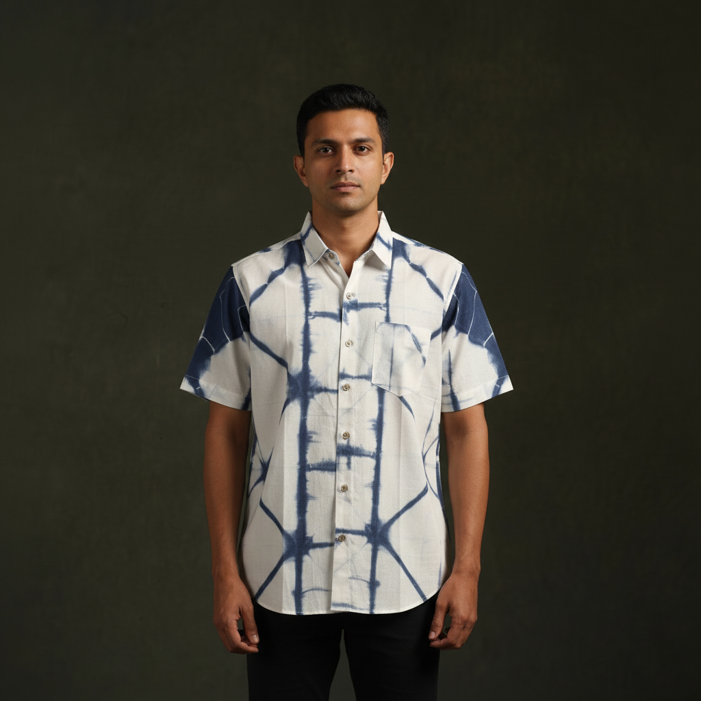 Pure mul cotton half sleeve tie-dye men shibori shirt 04