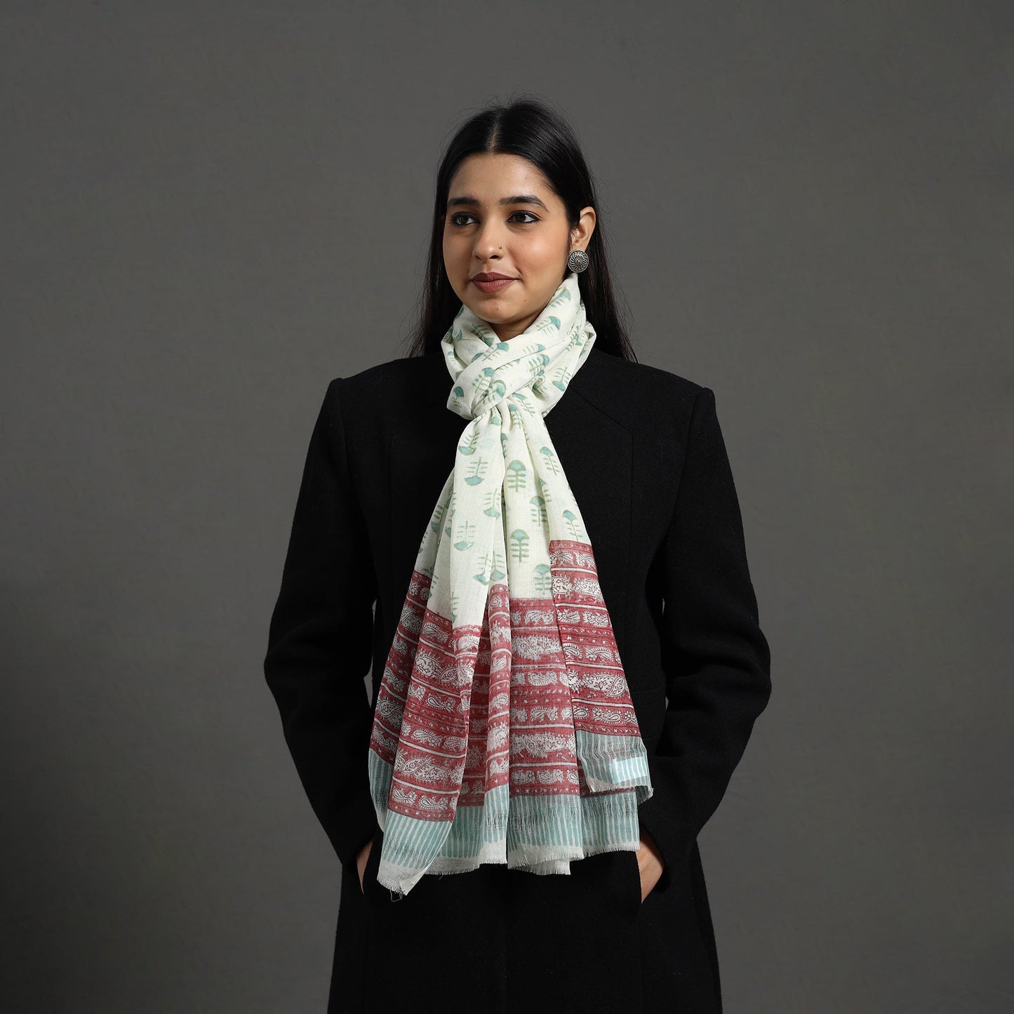 White - pure wool sanganeri stole 03 - handcrafted