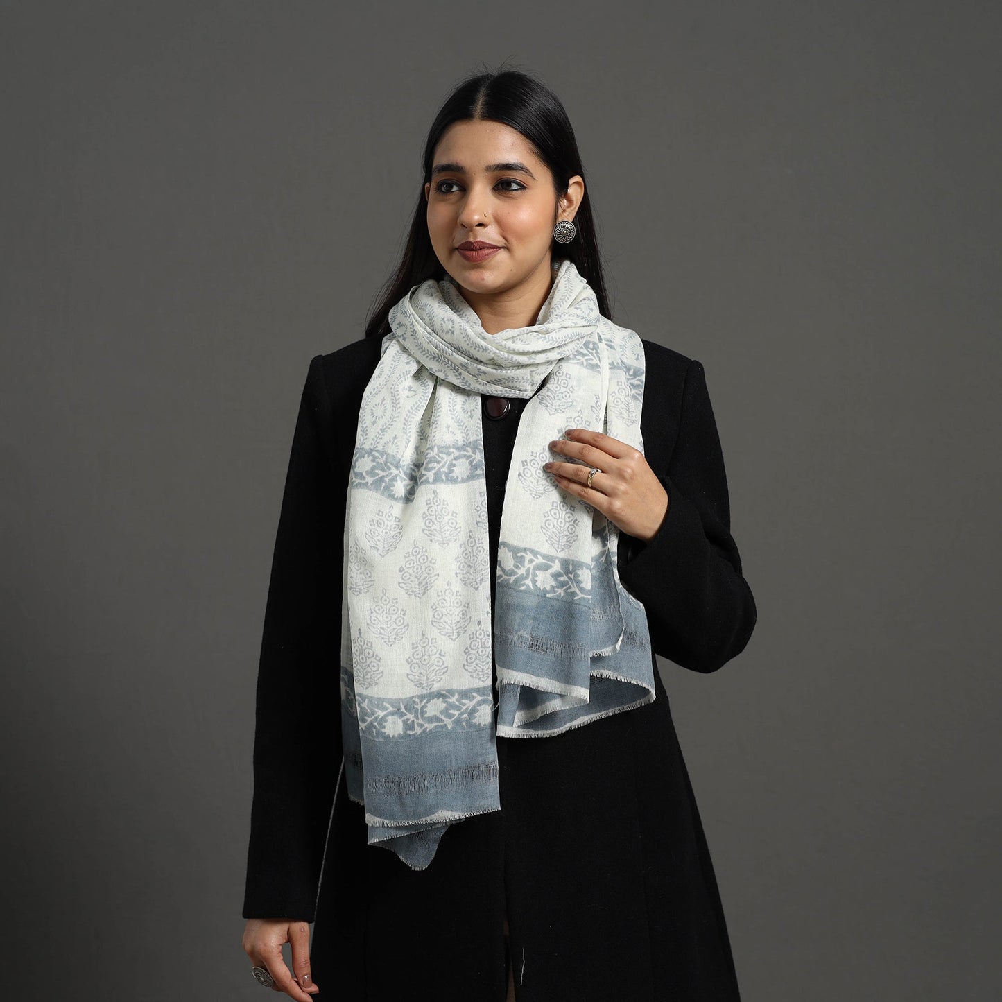 White - pure wool sanganeri stole 65 - handcrafted