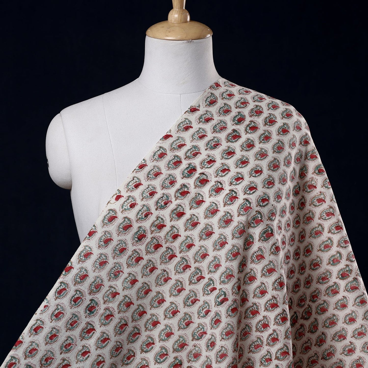 White Discover Hand Block Sanganeri Print Wool Fabric 