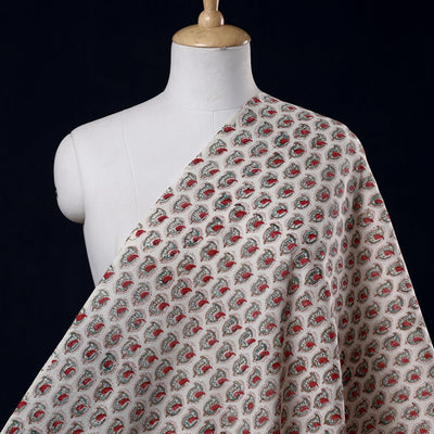 White Discover Hand Block Sanganeri Print Wool Fabric 