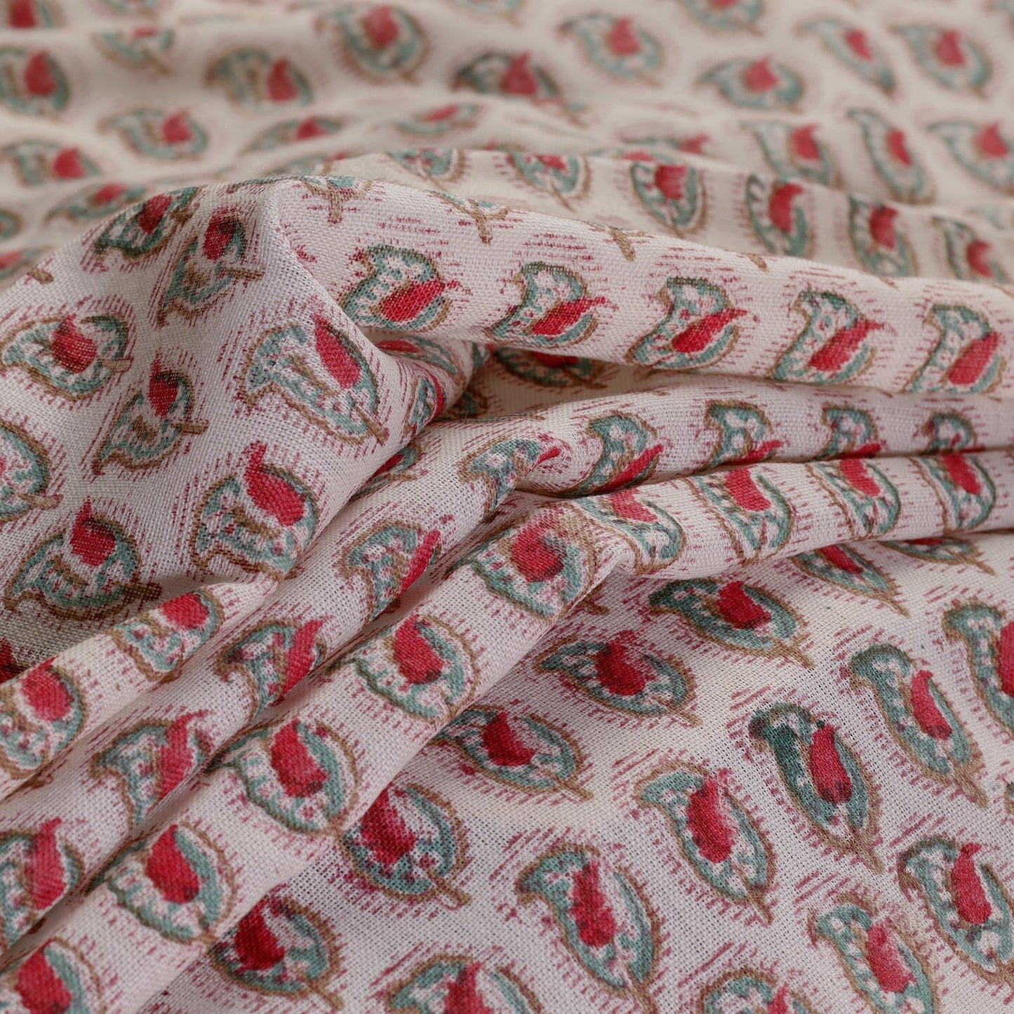 White Discover Hand Block Sanganeri Print Wool Fabric 