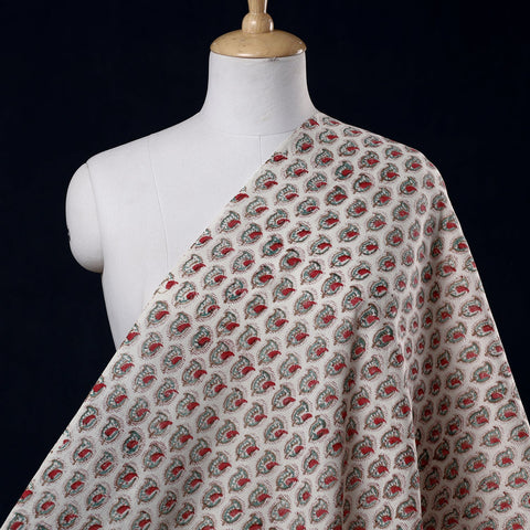 White Discover Hand Block Sanganeri Print Wool Fabric 